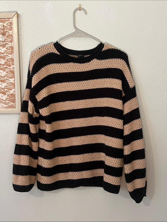 Eclipse Sweaters - Women’s Black and Beige Striped Knit Sweater